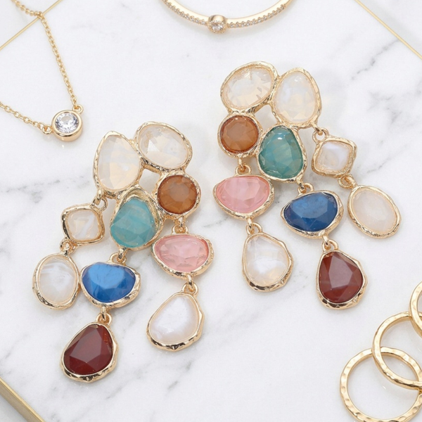 Stella - Faceted Cluster Chandelier Drop Earrings