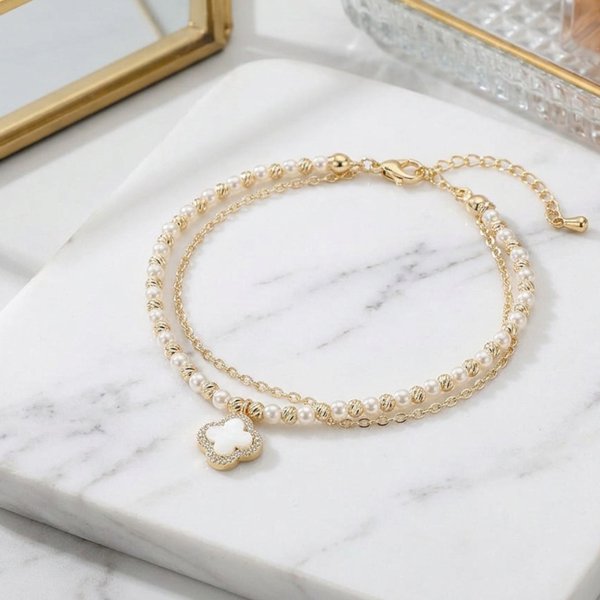 Amelia - Cubic Zirconia Quatrefoil Charm Layered Chain Bracelet