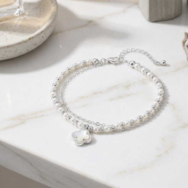 Amelia - Cubic Zirconia Quatrefoil Charm Layered Chain Bracelet