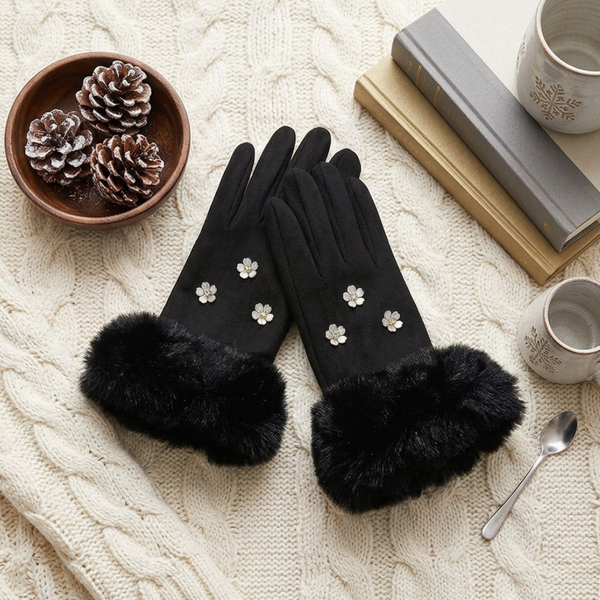 Zya - Rhinestone Flower Embellished Faux Fur Cuff Smart Touch Winter Gloves