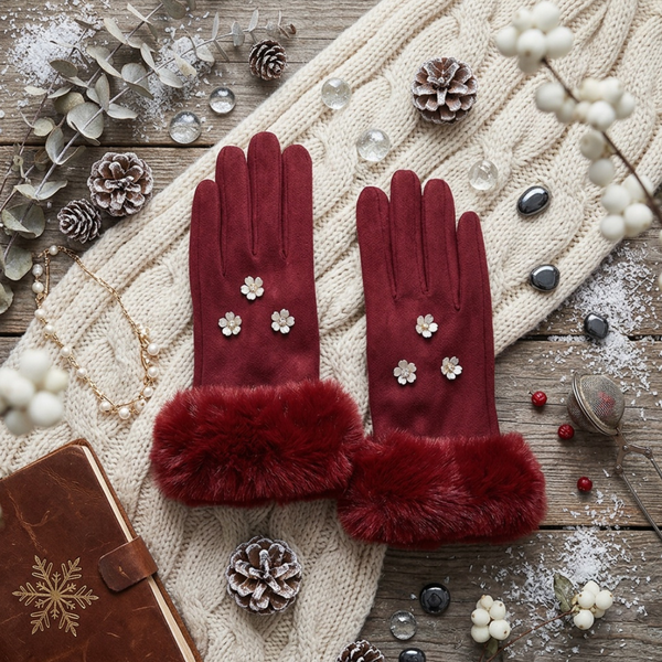 Zya - Rhinestone Flower Embellished Faux Fur Cuff Smart Touch Winter Gloves