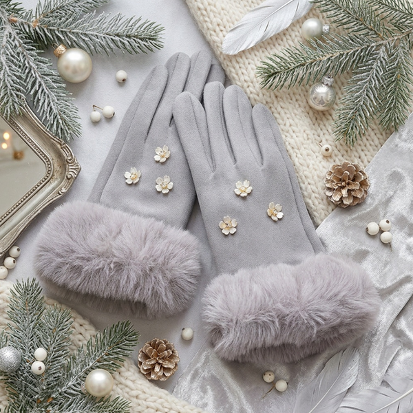 Zya - Rhinestone Flower Embellished Faux Fur Cuff Smart Touch Winter Gloves