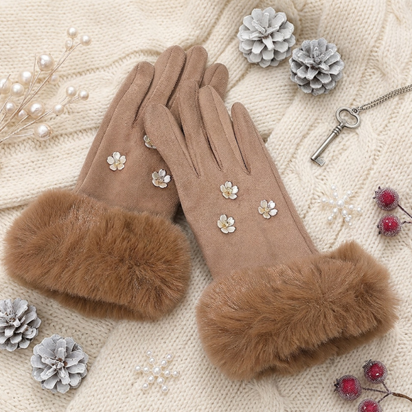 Zya - Rhinestone Flower Embellished Faux Fur Cuff Smart Touch Winter Gloves