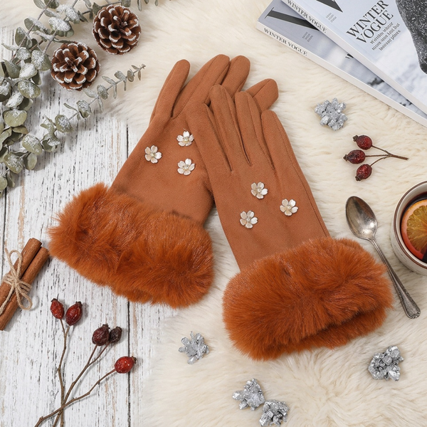 Zya - Rhinestone Flower Embellished Faux Fur Cuff Smart Touch Winter Gloves