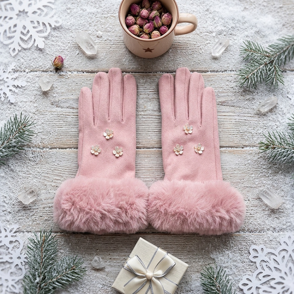 Zya - Rhinestone Flower Embellished Faux Fur Cuff Smart Touch Winter Gloves