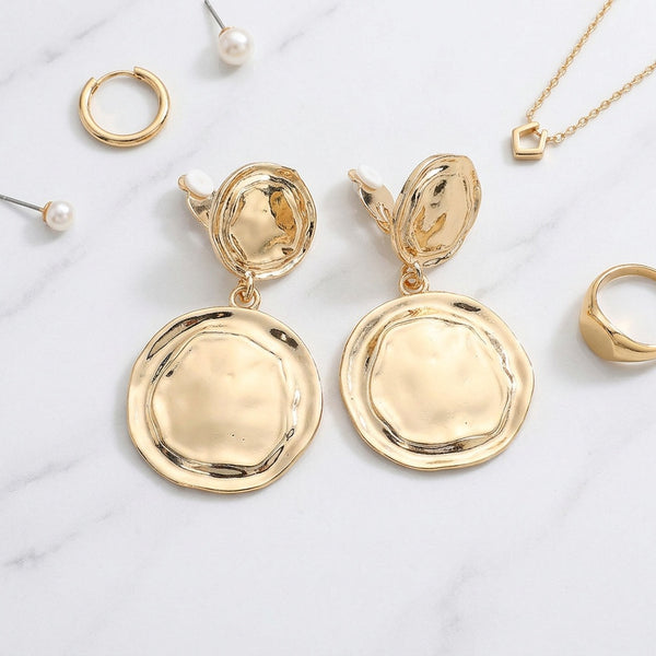 Kindra -  Sculpted Double Disc Drop Statement Clip On Earrings