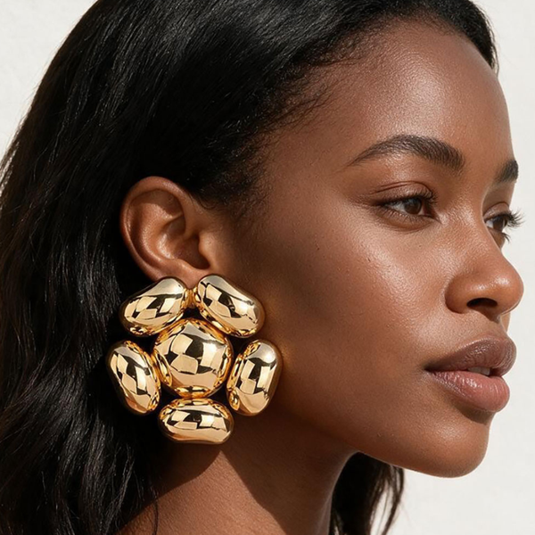 Ines - Metal Pebble Cluster Statement Earrings
