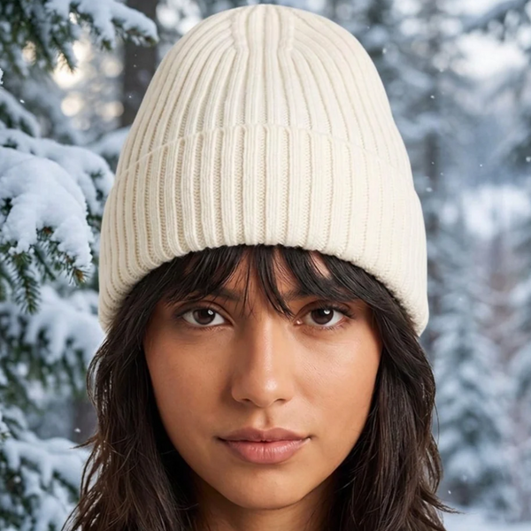 Marilyn - Plush Fur Lining Solid Ribbed Knit Winter Beanie