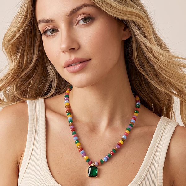 Leona - Square Gem Pendant Beaded Necklace