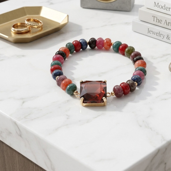 Ivey - Square Gem Charm Beaded Stretchable Bracelet