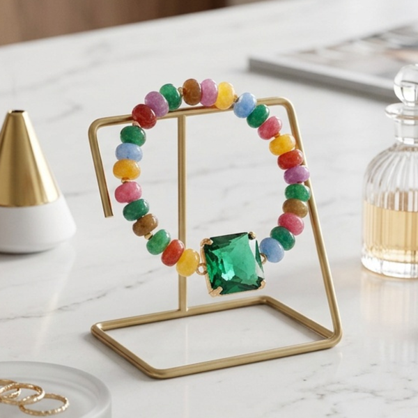 Ivey - Square Gem Charm Beaded Stretchable Bracelet
