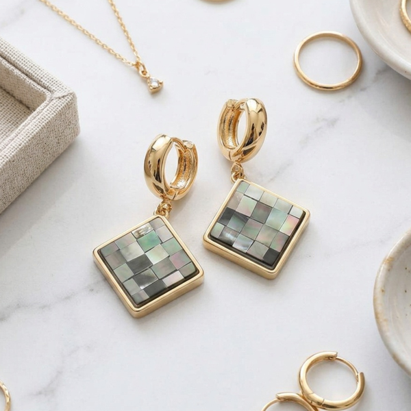 Callie - Square Mosaic Tile Charm Drop Huggie Hoop Earrings