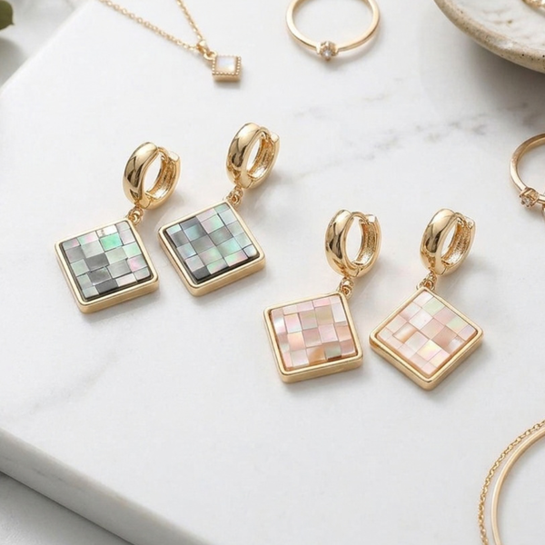 Callie - Square Mosaic Tile Charm Drop Huggie Hoop Earrings