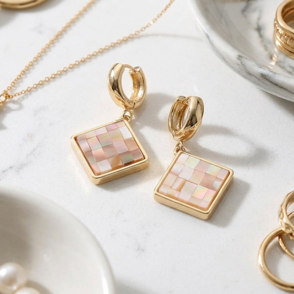 Callie - Square Mosaic Tile Charm Drop Huggie Hoop Earrings