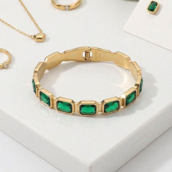 Journee - Stainless Steel Rectangular Gem Hinged Bangle Bracelet