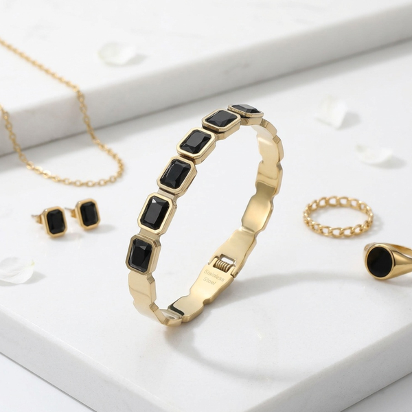 Journee - Stainless Steel Rectangular Gem Hinged Bangle Bracelet