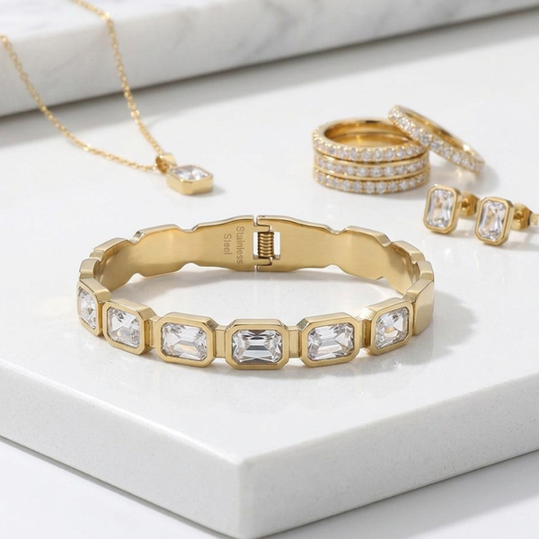Journee - Stainless Steel Rectangular Gem Hinged Bangle Bracelet