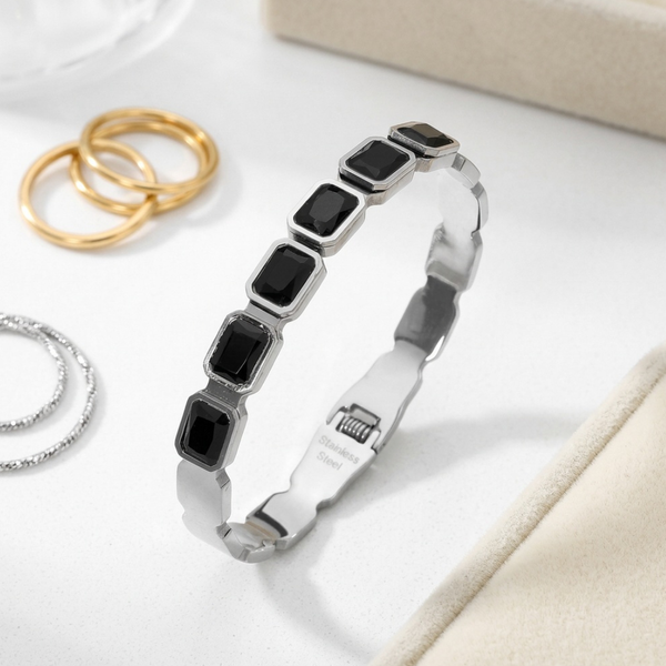 Journee - Stainless Steel Rectangular Gem Hinged Bangle Bracelet