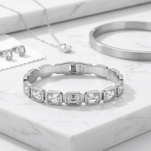 Journee - Stainless Steel Rectangular Gem Hinged Bangle Bracelet