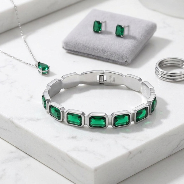Journee - Stainless Steel Rectangular Gem Hinged Bangle Bracelet