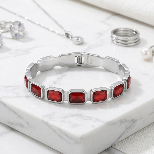 Journee - Stainless Steel Rectangular Gem Hinged Bangle Bracelet