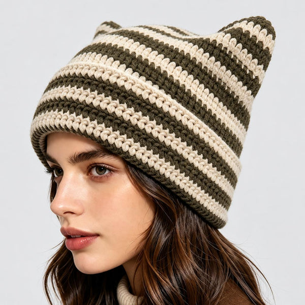 Odette - Striped Crochet Cat Ear Winter Beanie Hat