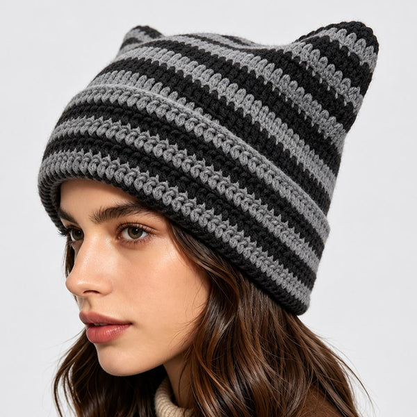 Odette - Striped Crochet Cat Ear Winter Beanie Hat