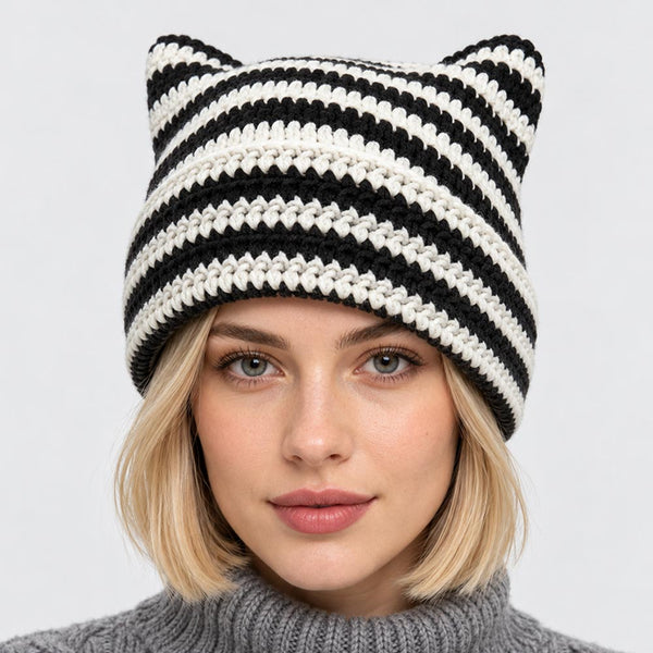 Odette - Striped Crochet Cat Ear Winter Beanie Hat