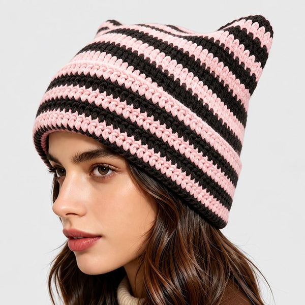 Odette - Striped Crochet Cat Ear Winter Beanie Hat