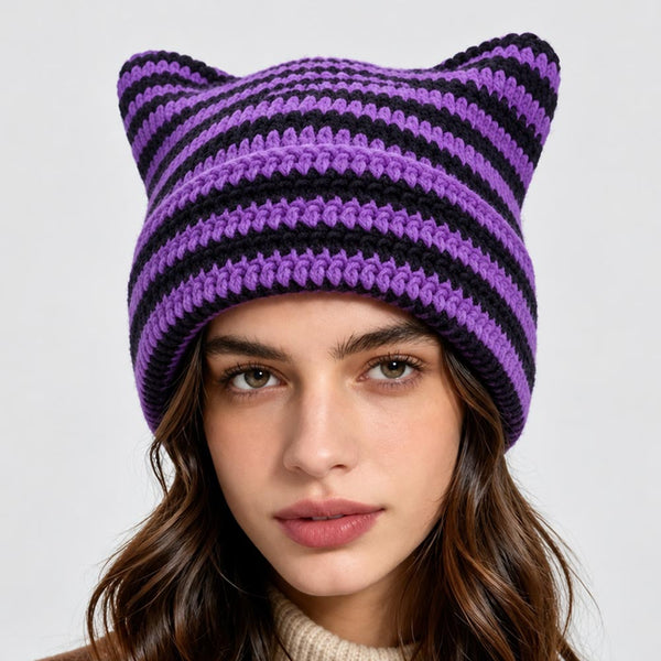 Odette - Striped Crochet Cat Ear Winter Beanie Hat