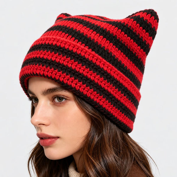 Odette - Striped Crochet Cat Ear Winter Beanie Hat
