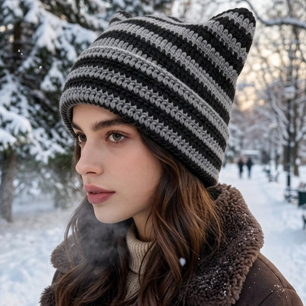 Odette - Striped Crochet Cat Ear Winter Beanie Hat