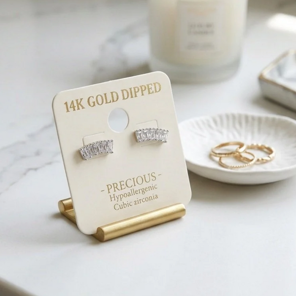 Rani - 14K Gold Dipped Cubic Zirconia Baguette Bar Stud Earrings