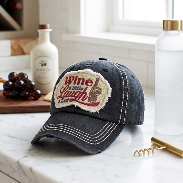 Kylie - Wine a Little, Laugh a Lot Distressed Patch Vintage Baseball Cap