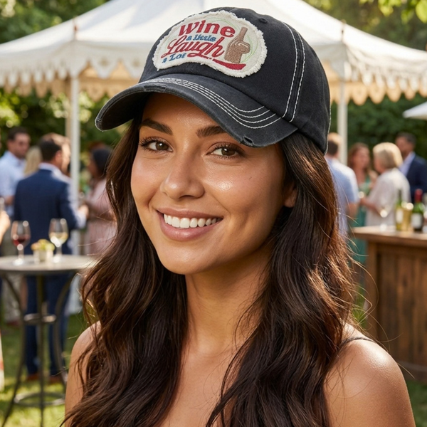 Kylie - Wine a Little, Laugh a Lot Distressed Patch Vintage Baseball Cap