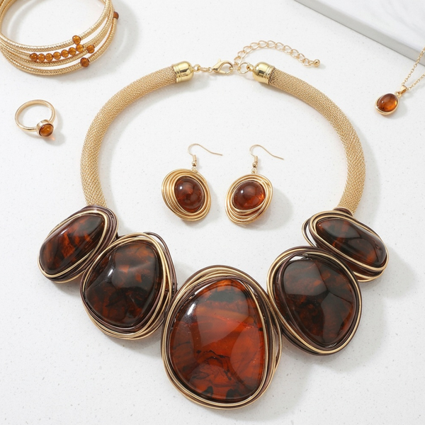 Alanna - Bold Wire Wrapped Marbled Resin Statement Necklace Set