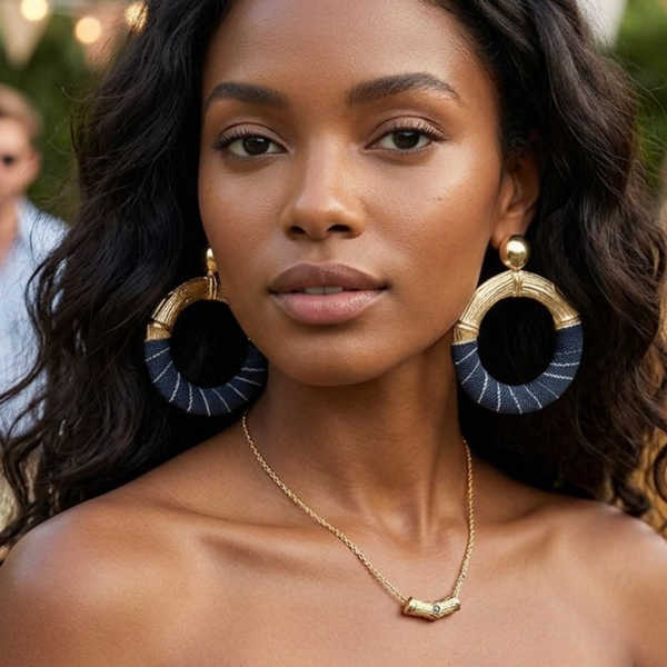 Hailey - Denim Fabric Wrapped Ring Drop Statement Earrings