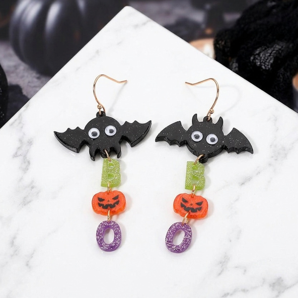Estelle - Halloween Bat BOO Message Link Drop Earrings