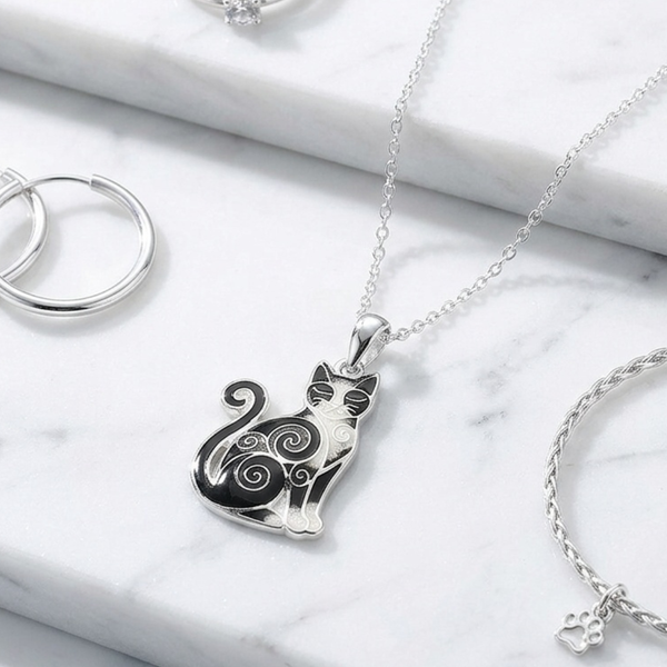 Luna - Enamel Swirl Black Cat Pendant Necklace