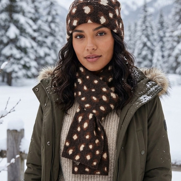 Alessandra - 2 PCS Cozy Leopard Print Winter Scarf Pom Pom Beanie Set