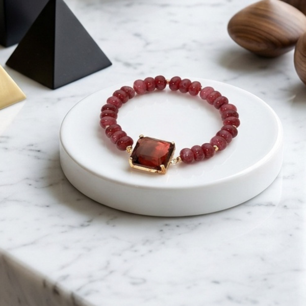 Ivey - Square Gem Charm Beaded Stretchable Bracelet