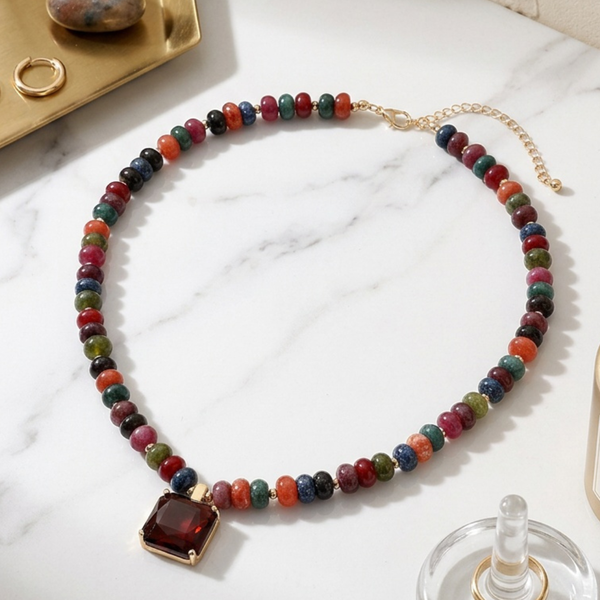 Leona - Square Gem Pendant Beaded Necklace