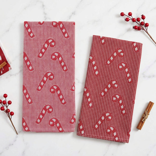 Isla - 2 PCS  Christmas Candy Cane Pattern Waffle Kitchen Towel Set