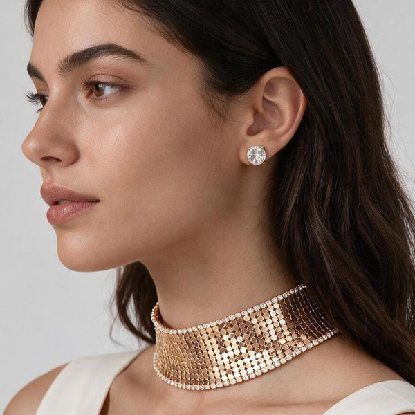 Liora - Rhinestone Trimmed Metal Choker Necklace Set