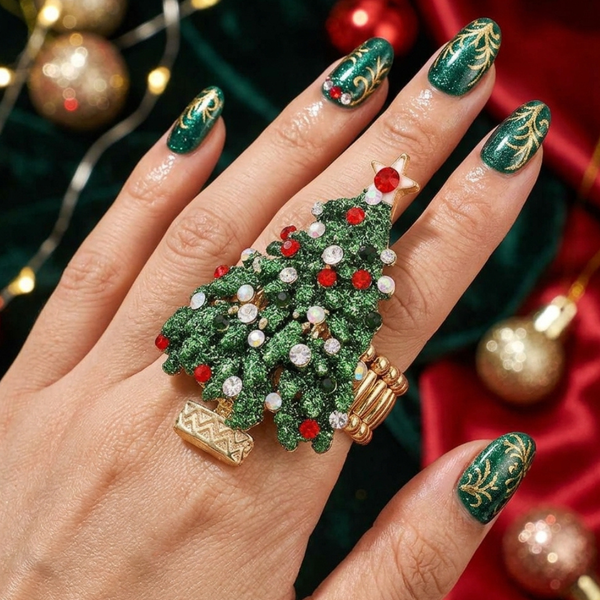 Addison - Rhinestone Christmas Tree Holiday Statement Ring