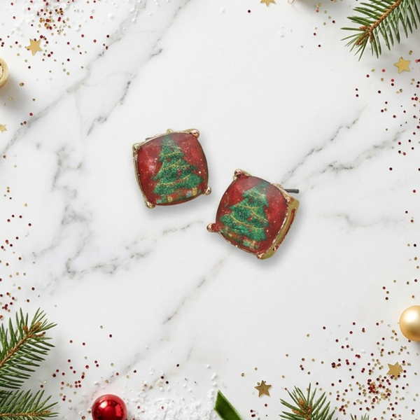 Ada - Christmas Tree Cushion Square Stud Earrings