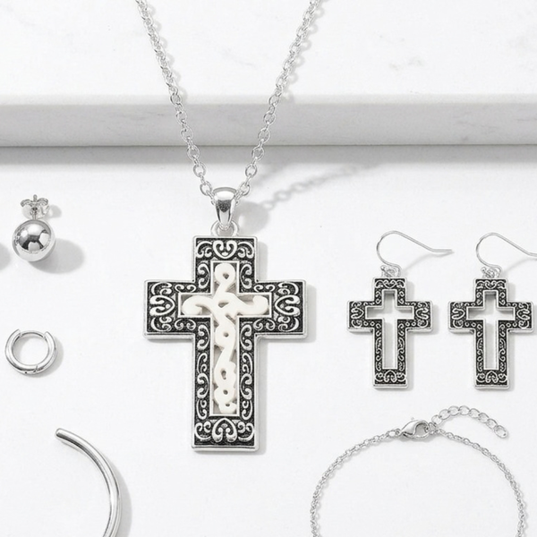 Cecilla - Ornate Center Cross Pendant Necklace set