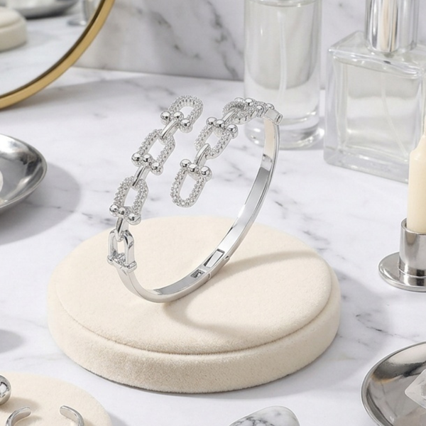 Isla  - Cubic Zirconia Pave Industrial Link Bangle Bracelet