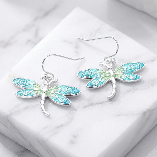 Anastasia - Enamel Swirl Dragonfly Charm Dangle Earrings
