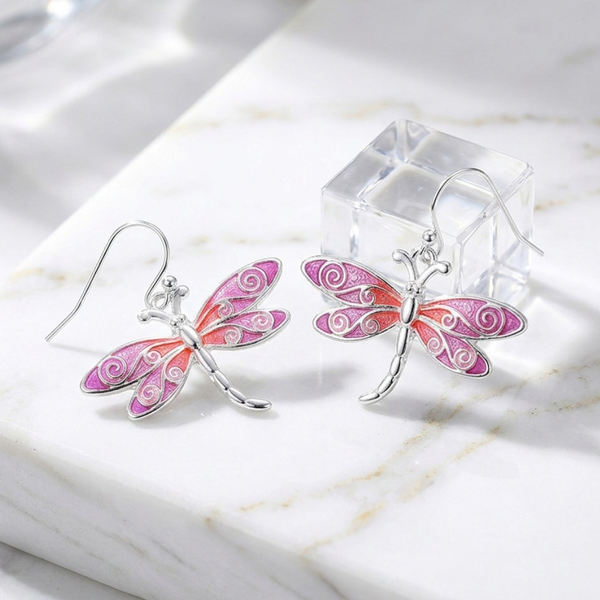 Anastasia - Enamel Swirl Dragonfly Charm Dangle Earrings